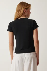 Happiness İstanbul Women's Black Crew Neck Basic Sandy T-Shirt - Image 6