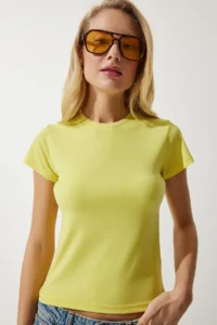 Happiness İstanbul Women's Yellow Crew Neck Basic Sandy T-Shirt - Image 2
