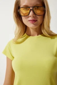 Happiness İstanbul Women's Yellow Crew Neck Basic Sandy T-Shirt - Image 4