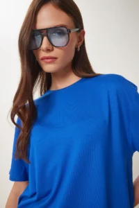 Happiness İstanbul Women Dark Blue Basic Knitting T-Shirt - Image 2