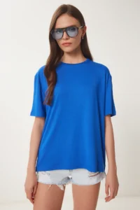 Happiness İstanbul Women Dark Blue Basic Knitting T-Shirt - Image 3