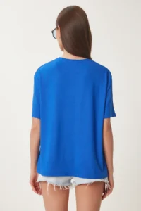 Happiness İstanbul Women Dark Blue Basic Knitting T-Shirt - Image 5