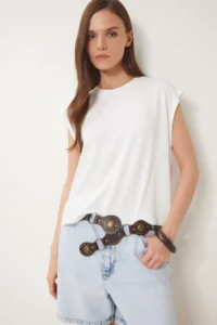 Happiness İstanbul Women Bonnet Basic Knitting T-Shirt - Image 2