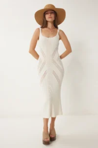 Happiness İstanbul Women's Cream Openwork Strappy Summer Knitwear Dress - Image 2