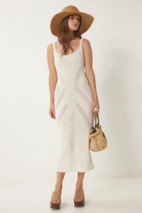 Happiness İstanbul Women's Cream Openwork Strappy Summer Knitwear Dress - Image 3