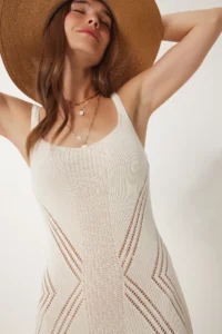 Happiness İstanbul Women's Cream Openwork Strappy Summer Knitwear Dress - Image 4