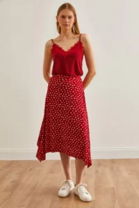 Olalook Women's Tiny Floral Red Asymmetrical Patterned Skirt