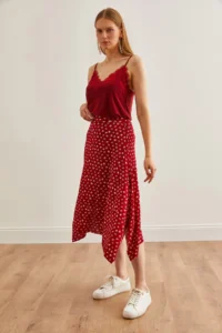 Olalook Women's Tiny Floral Red Asymmetrical Patterned Skirt - Image 2