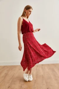 Olalook Women's Tiny Floral Red Asymmetrical Patterned Skirt - Image 3
