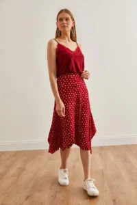 Olalook Women's Tiny Floral Red Asymmetrical Patterned Skirt - Image 4