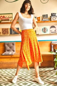 Olalook Women Oranj Asymmetric Patterned Skirt - Image 2