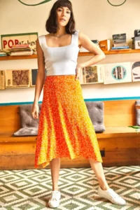 Olalook Women Oranj Asymmetric Patterned Skirt - Image 3