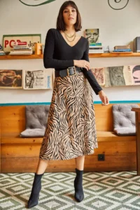 Olalook Women's Mink Zebra Waist Elastic Suede Textured Bell Skirt - Image 3