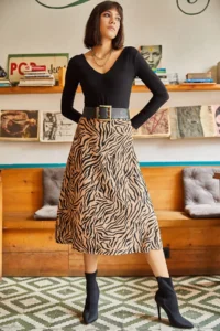 Olalook Women's Mink Zebra Waist Elastic Suede Textured Bell Skirt - Image 4