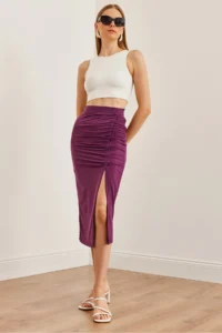 Olalook Women's Plum Slit Drape Detailed Zippered Midi Sandy Skirt