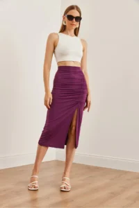 Olalook Women's Plum Slit Drape Detailed Zippered Midi Sandy Skirt - Image 2