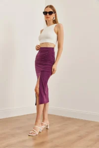 Olalook Women's Plum Slit Drape Detailed Zippered Midi Sandy Skirt - Image 3