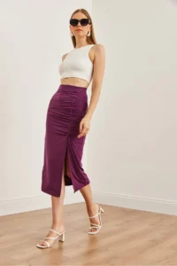 Olalook Women's Plum Slit Drape Detailed Zippered Midi Sandy Skirt - Image 4