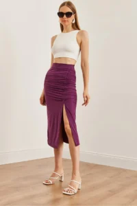 Olalook Women's Plum Slit Drape Detailed Zippered Midi Sandy Skirt - Image 5