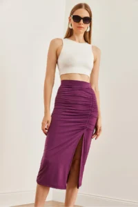 Olalook Women's Plum Slit Drape Detailed Zippered Midi Sandy Skirt - Image 6