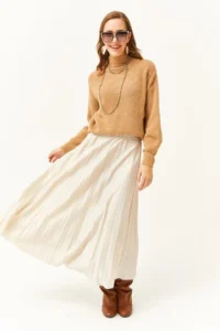Olalook Women's Stone Leather Look Pleated A-Line Skirt