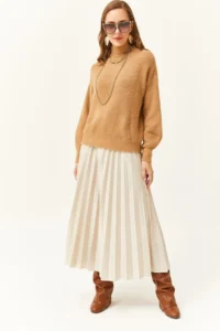 Olalook Women's Stone Leather Look Pleated A-Line Skirt - Image 2