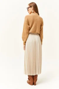 Olalook Women's Stone Leather Look Pleated A-Line Skirt - Image 3