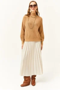 Olalook Women's Stone Leather Look Pleated A-Line Skirt - Image 4