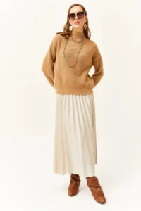 Olalook Women's Stone Leather Look Pleated A-Line Skirt - Image 5
