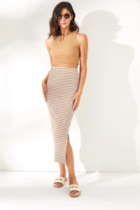 Olalook Women's Camel Slit Striped Lycra Midi Skirt - Image 2