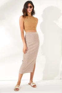 Olalook Women's Camel Slit Striped Lycra Midi Skirt - Image 4