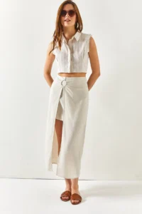 Olalook Women's Ecru 2 Piece Accessory Detailed Linen Skirt