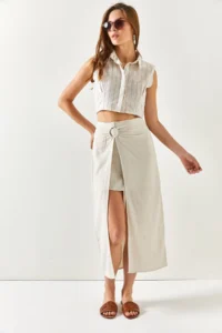 Olalook Women's Ecru 2 Piece Accessory Detailed Linen Skirt - Image 2