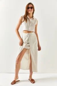 Olalook Women's Ecru 2 Piece Accessory Detailed Linen Skirt - Image 3