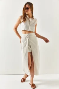 Olalook Women's Ecru 2 Piece Accessory Detailed Linen Skirt - Image 4