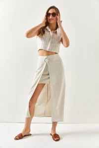Olalook Women's Ecru 2 Piece Accessory Detailed Linen Skirt - Image 5