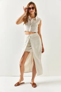 Olalook Women's Ecru 2 Piece Accessory Detailed Linen Skirt - Image 6