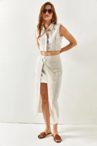 Olalook Women's Ecru 2 Piece Accessory Detailed Linen Skirt - Image 7