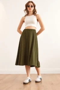 Olalook Women's Khaki Elastic Waist Flowy Twist Skirt - Image 2