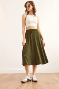Olalook Women's Khaki Elastic Waist Flowy Twist Skirt - Image 3