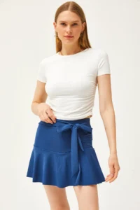 Olalook Women's Indigo Shorts Belted Mini Knitted Skirt - Image 2