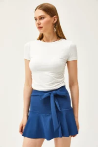 Olalook Women's Indigo Shorts Belted Mini Knitted Skirt - Image 3
