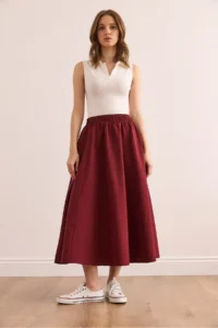 Olalook Women's Burgundy Pocketed Elastic Waist Midi Woven Bell Skirt - Image 2