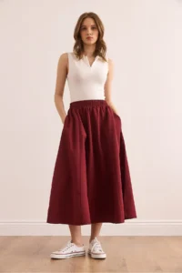 Olalook Women's Burgundy Pocketed Elastic Waist Midi Woven Bell Skirt - Image 3