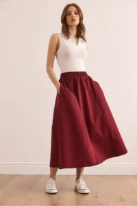 Olalook Women's Burgundy Pocketed Elastic Waist Midi Woven Bell Skirt - Image 4