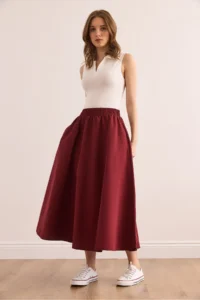 Olalook Women's Burgundy Pocketed Elastic Waist Midi Woven Bell Skirt - Image 5