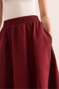 Olalook Women's Burgundy Pocketed Elastic Waist Midi Woven Bell Skirt - Image 6