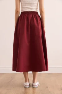 Olalook Women's Burgundy Pocketed Elastic Waist Midi Woven Bell Skirt - Image 7