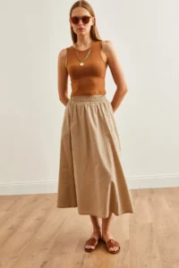 Olalook Women's Stone Pocket Elastic Waist Midi Woven Bell Skirt - Image 7
