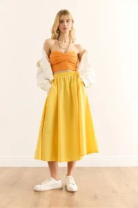 Olalook Women's Yellow Pocketed Elastic Waist Midi Woven Bell Skirt - Image 2